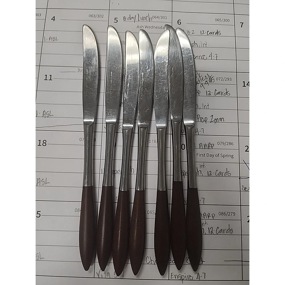 Vintage Set of 7 EKCO ETERNA Canoe Muffin Wood Handle Forged Stainless Knives